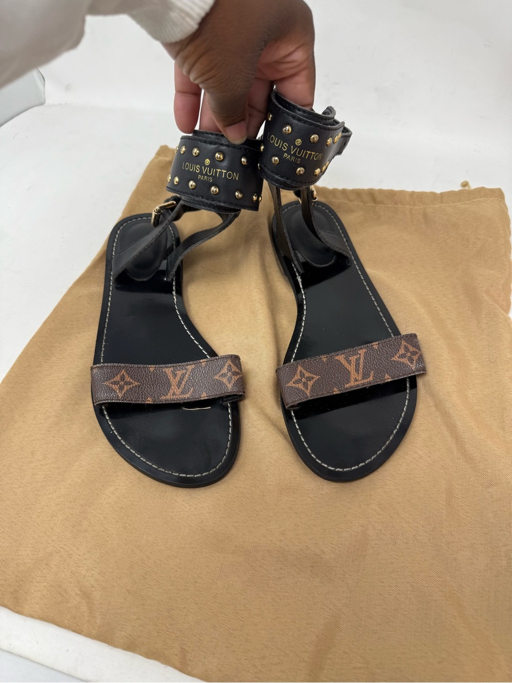 Louis Vuitton Black & Brown Monogram Studded Ankle-Strap Sandals